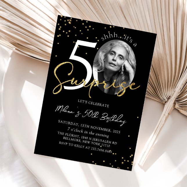 Black Gold Surprise 50th Birthday Photo Invitation (Creator Uploaded)