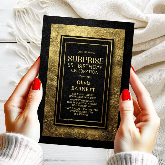 Black Gold Surprise 55th Birthday Party Invitation (Creator Uploaded)