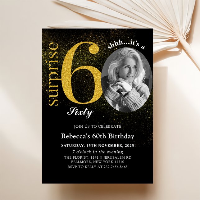 Black Gold Surprise 60th Birthday Photo Invitation (Creator Uploaded)