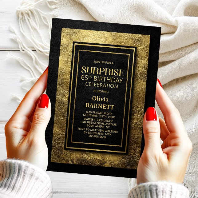 Black Gold Surprise 65th Birthday Party Invitation (Creator Uploaded)