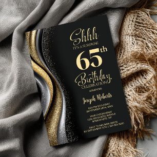 Black Gold Surprise 65th Birthday Party Invitation