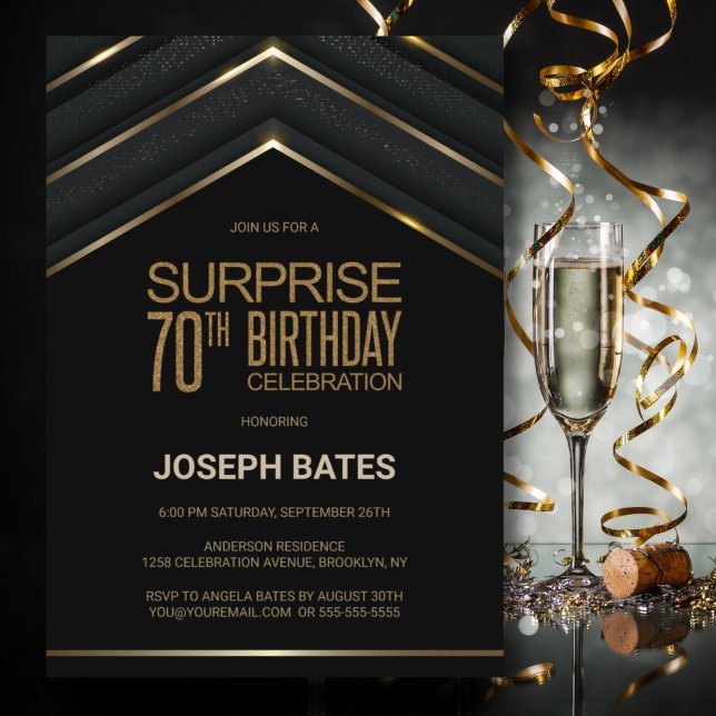 Black Gold Surprise 70th Birthday Invitation (Creator Uploaded)