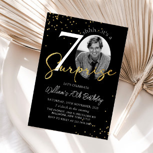 Black Gold Surprise 70th Birthday Photo Invitation