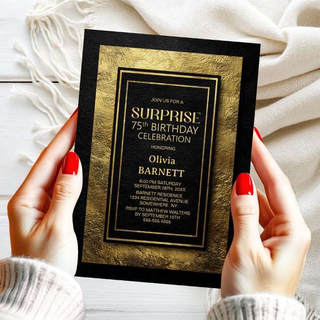 Black Gold Surprise 75th Birthday Party Invitation (Creator Uploaded)