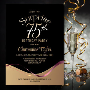 Black Gold Surprise 75th Birthday Party Invitation