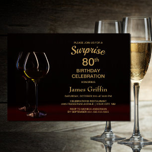 Black Gold Surprise 80th Birthday Wine Glass Party Invitation