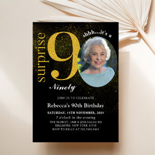 Black Gold Surprise 90th Birthday Photo Invitation