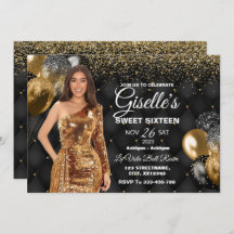 Black & Gold Sweet 16 Girl Birthday Invitation