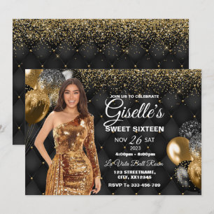 Black & Gold Sweet 16 Girl Birthday Invitation