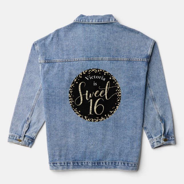 Black Gold Sweet 16 Glitter Confetti Birthday Chic Denim Jacket (Back)