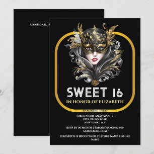 Black gold sweet 16 masquerade girls face mask invitation