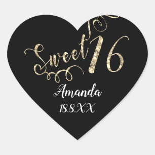 Black Gold Sweet 16th White Heart Name Date Sticker