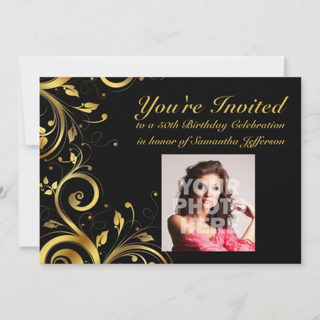 Black+Gold Swirl, Custom Photo 50th Birthday Party Invitation (Front)