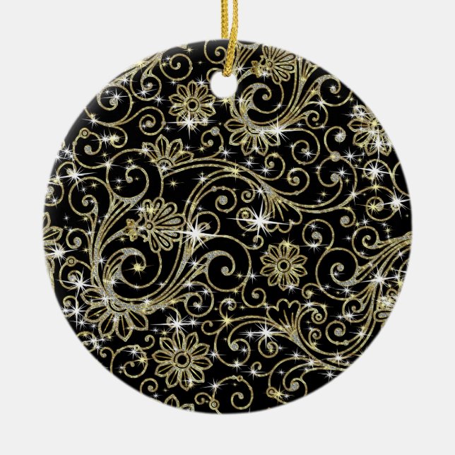 Black & Gold Swirls Ceramic Ornament (Front)