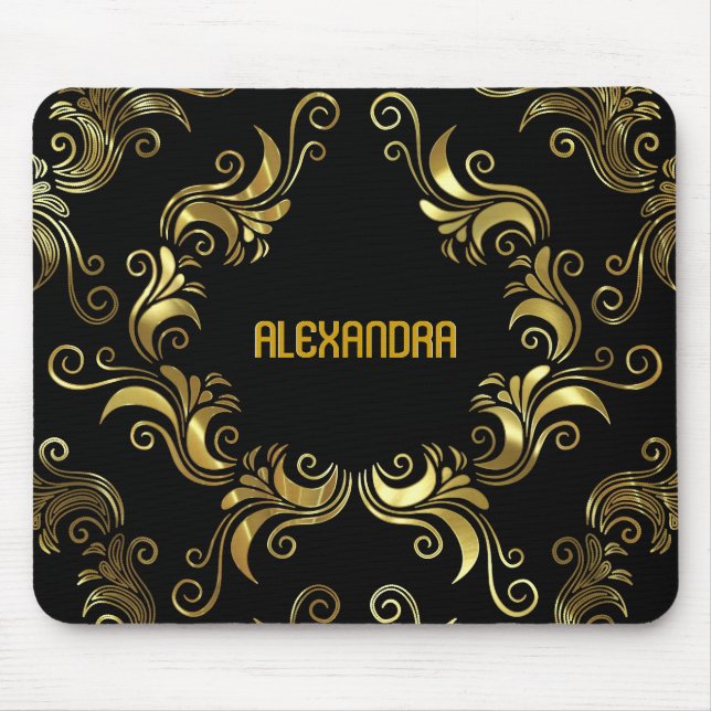 Black & Gold Swirls -Custom Monogram Mouse Pad (Front)