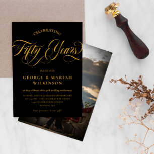 Black Gold Swirly Script 50th Wedding Anniversary Invitation
