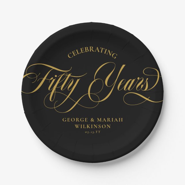 Black Gold Swirly Script 50th Wedding Anniversary Paper Plate (Front)