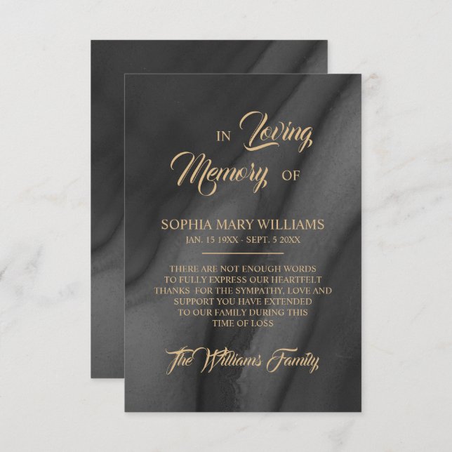 Black & Gold Sympathy Memory Thank You Card (Front/Back)