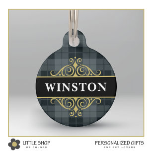 Black Gold Tartan Plaid Customised Pet Tag