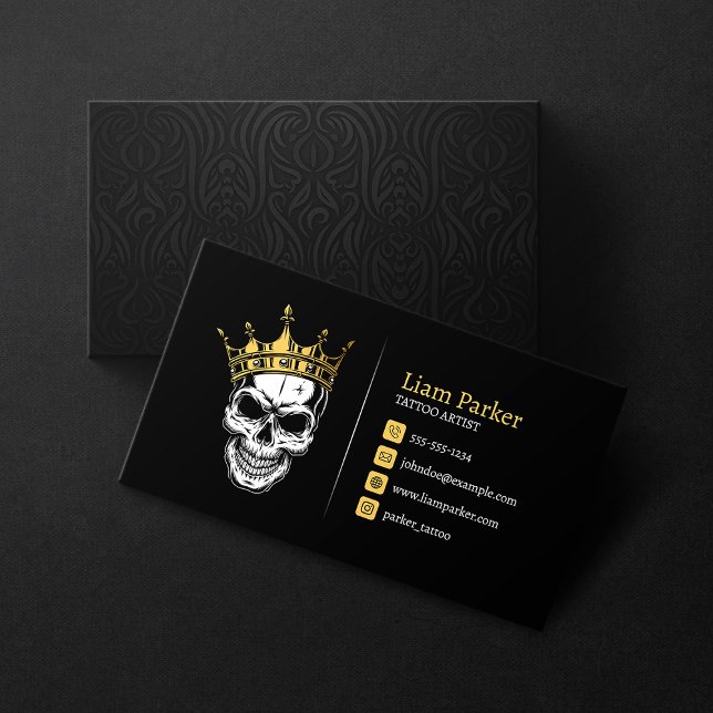 Black & Gold Tattoo Artist Crown Skull Tattoo Shop Business Card (Creator Uploaded)