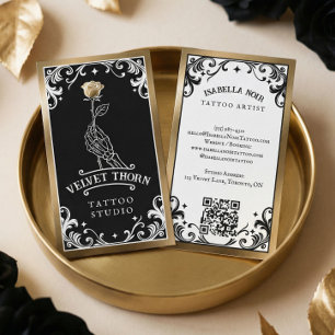 Black Gold Tattoo Artist Skeleton Floral Rose Business Card