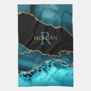 Black Gold & Teal Agate, DIY Monogram & Gold Name Tea Towel