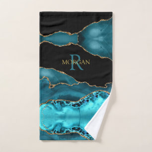 Black Gold & Teal Agate, Monogram & Gold Name Bath Towel Set