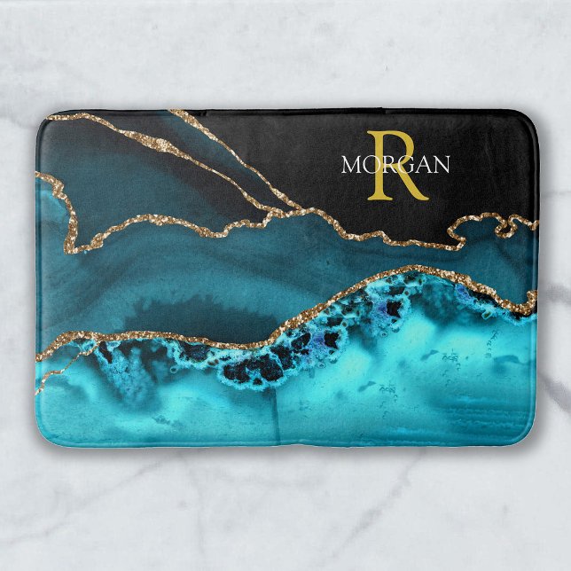 Black Gold & Teal Agate, Monogram & Name Bath Mat (Creator Uploaded)
