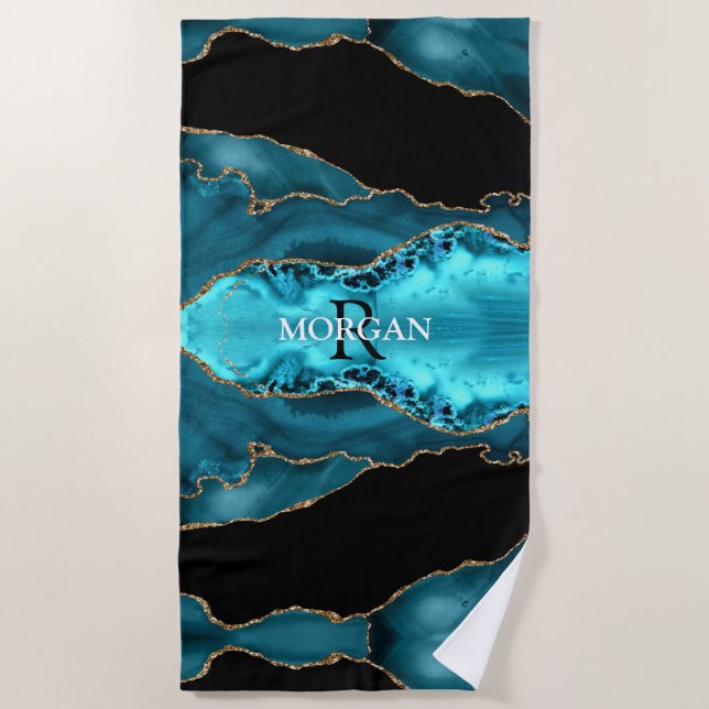Black Gold & Teal Agate, Monogram & White Name Beach Towel (Front)