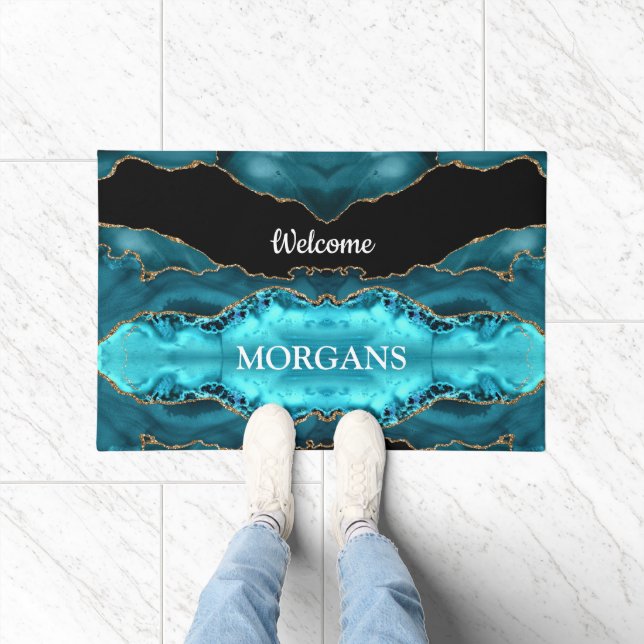 Black Gold & Teal Agate, White Monogram & Name Doormat (Indoor)