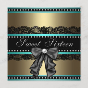 Black Gold Teal Blue Sweet 16 Birthday Party Invitation