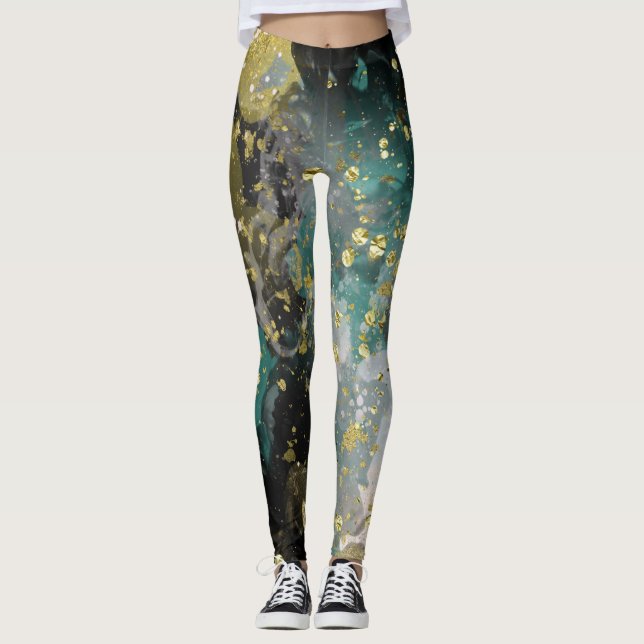 Black Gold Teal Green Grunge Splatter Fashion Leggings (Front)