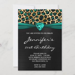 Black Gold Teal Green Leopard Foil 21st Birthday Invitation