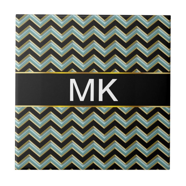Black Gold Teal ZigZag Ceramic Tile (Front)