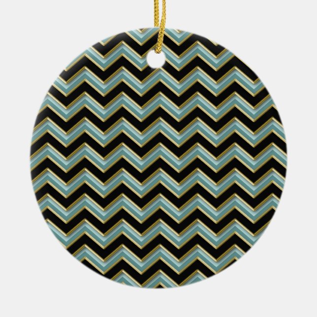 Black Gold Teal ZigZag Ceramic Tree Decoration (Front)