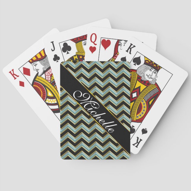 Black Gold Teal ZigZag Playing Cards (Back)