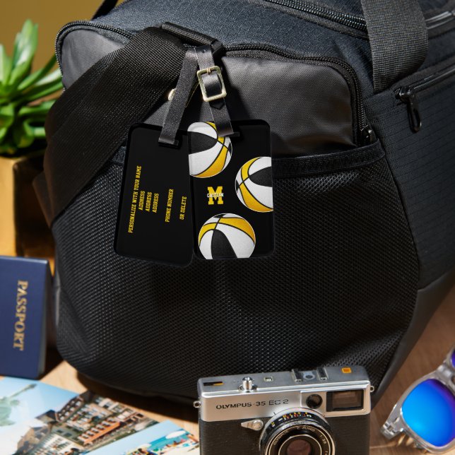 black gold team colours basketball players luggage tag (Front & Back)