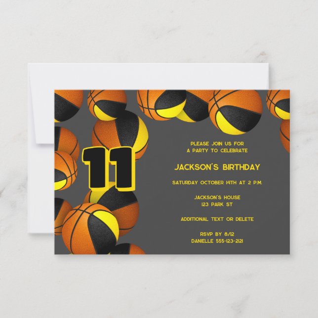 black gold team colours basketballs birthday invitation (Front)