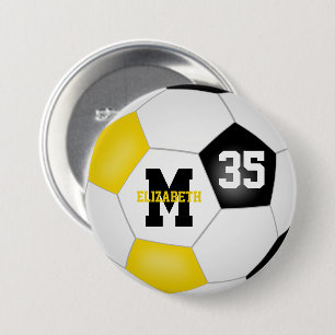 black gold team colours girls soccer personalised 7.5 cm round badge