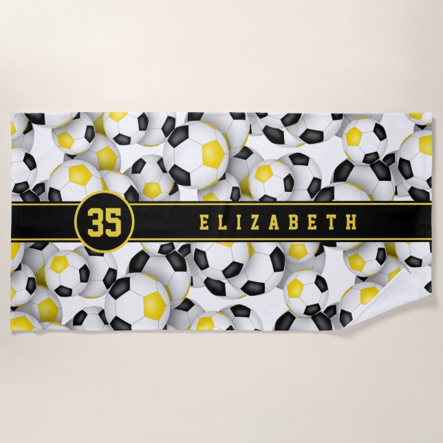 Black gold team colours soccer balls pattern kids beach towel (Front)