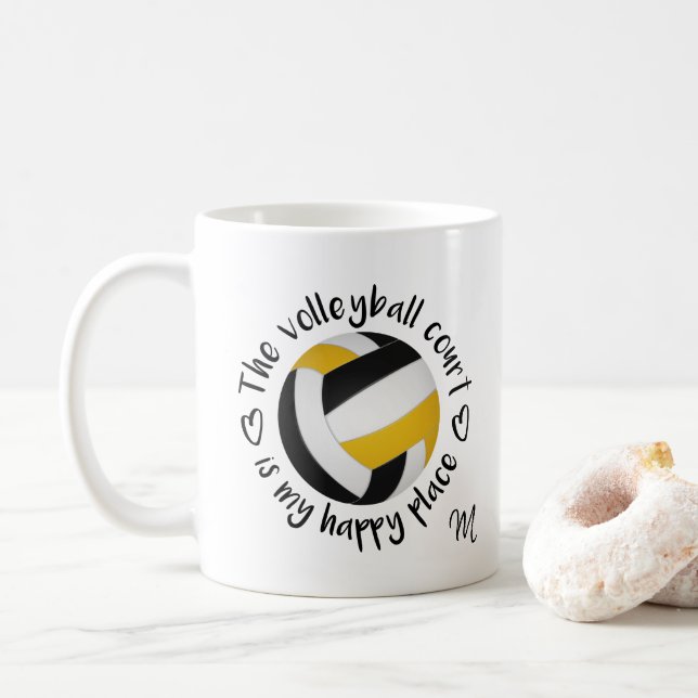 black gold team colours volleyball happy place coffee mug (With Donut)