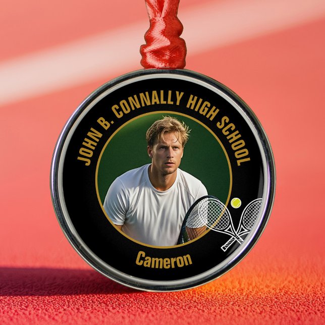 Black Gold Tennis Player Photo Christmas Gift Metal Ornament (Creator Uploaded)