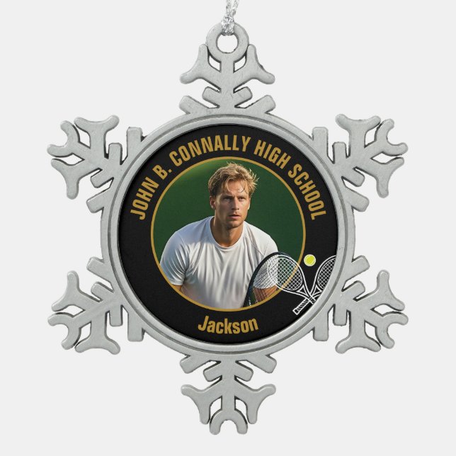 Black Gold Tennis Player Photo High School Snowflake Pewter Christmas Ornament (Front)
