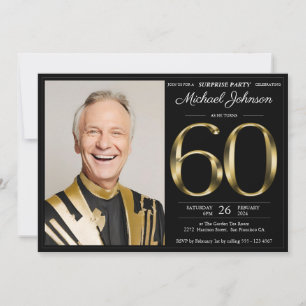 Black Gold Text Photo Surprise 60th Birthday Party Invitation