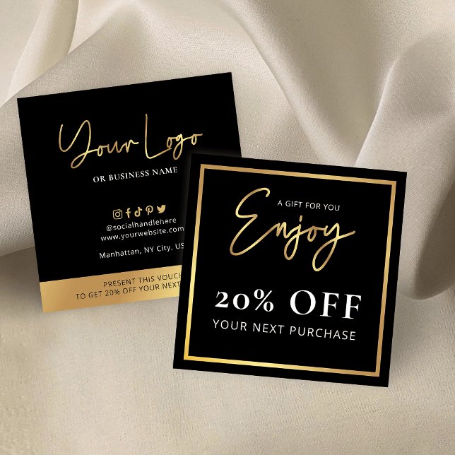 Black & Gold Thank You Gift Business Logo Discount Square Business Card (Black and gold business discount cards with logo, a great way to send a gift to your customers)