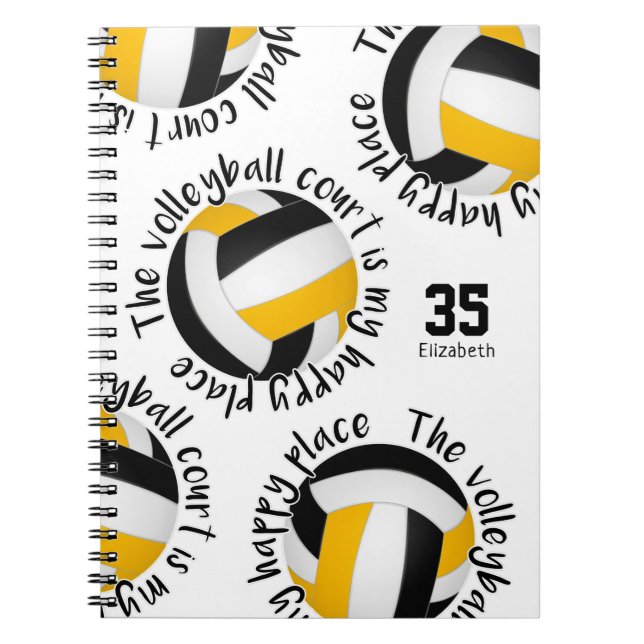 black gold The volleyball court is my happy place Notebook (Front)