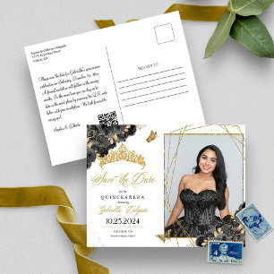 Black & Gold Tiara Quinceañera Photo Postcard