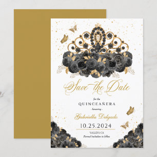 Black & Gold Tiara Save The Date Quinceañera Invitation