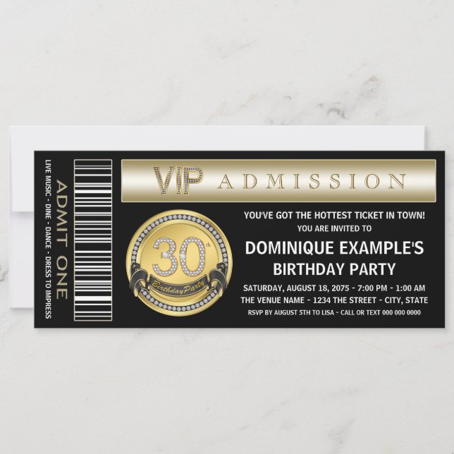 Black Gold Ticket 30th Birthday Party Invitations (Front)