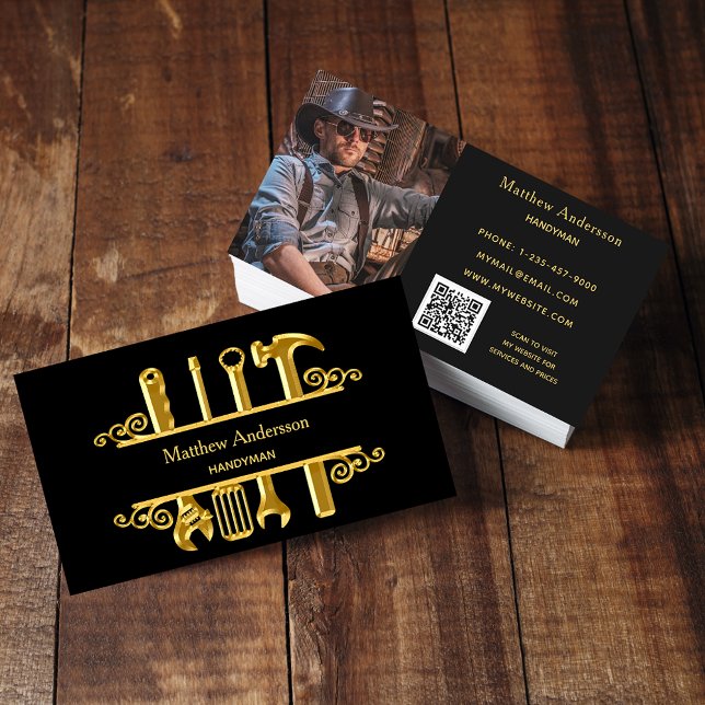 Black gold tools home repairs photo QR code Business Card (Creator Uploaded)
